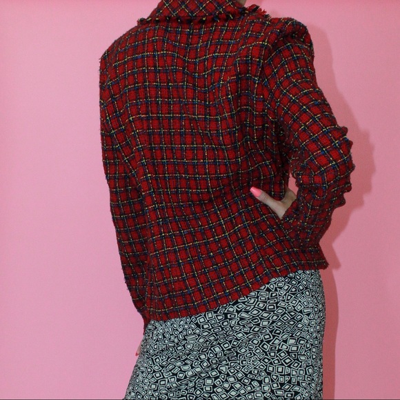 VTG 90s y2k Red/Black Plaid Tweed Fringe Boucle Zip-Up Blazer - Picture 4 of 9